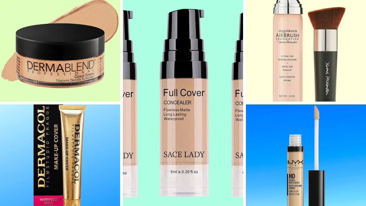 Collage of foundations from the following brands: DC Dermacol; NYX Professional; Sace Lady, Dermablend; & Jerome Alexander.