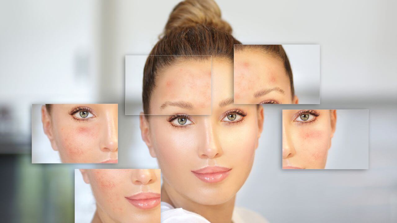 Closeup of woman’s face with acne blemishes, before & after applying makeup foundation on a blurred background.