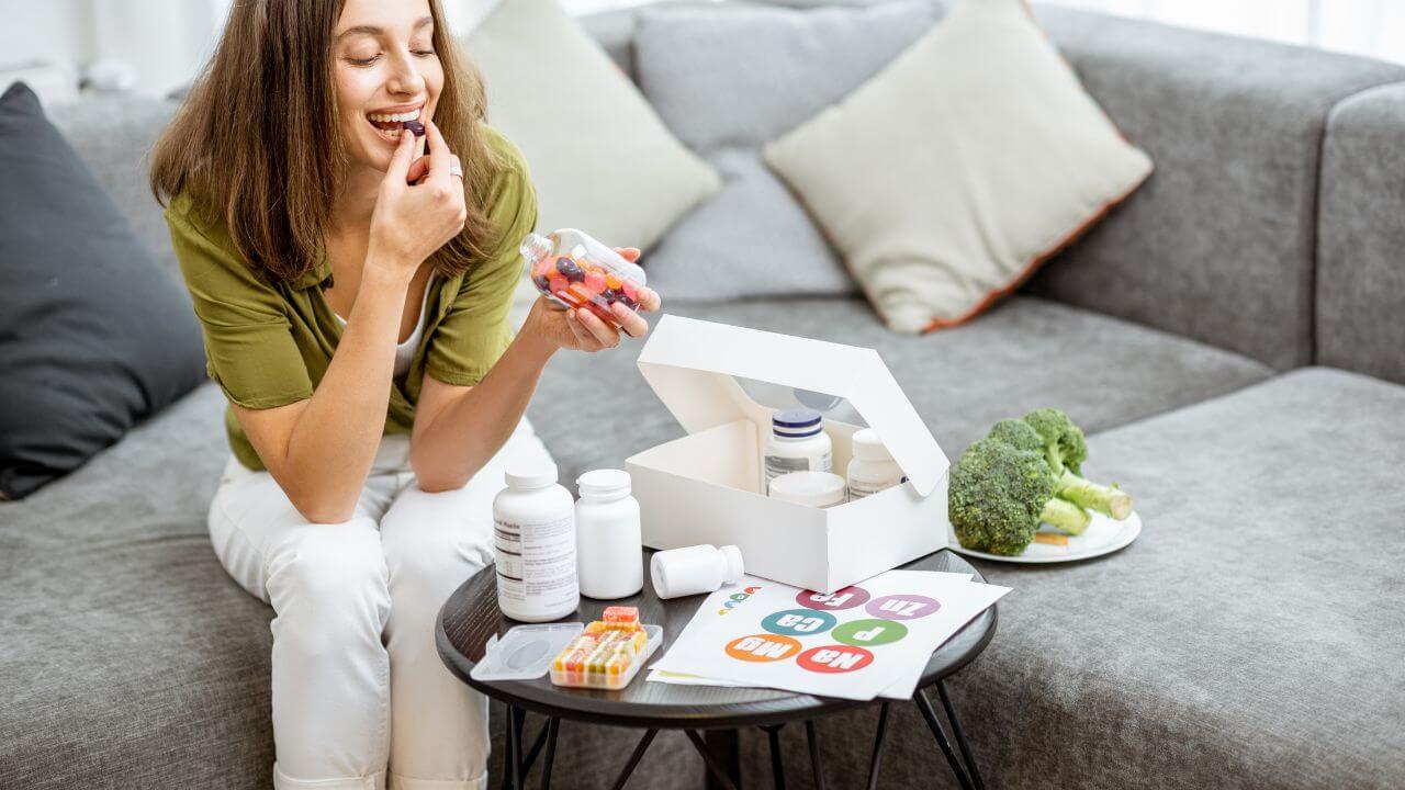 Smiling woman sitting on couch, taking sea moss gummies by placing 1 in her mouth.