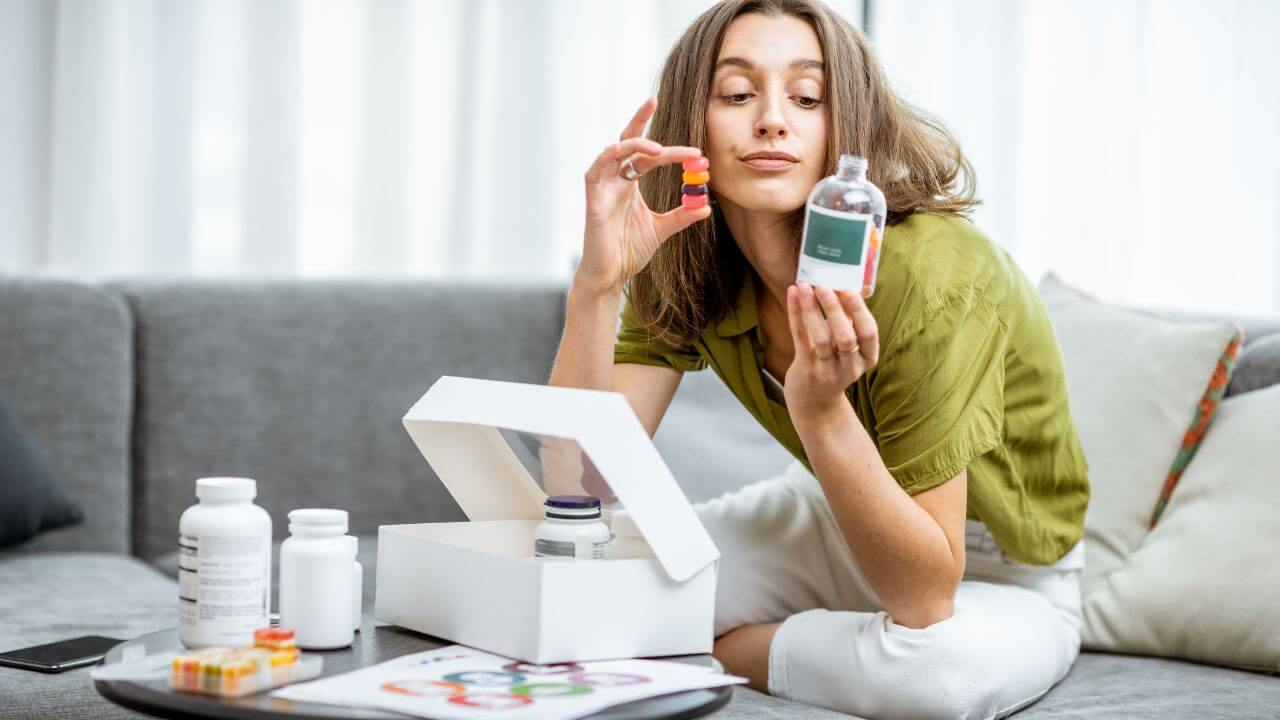 Woman sitting on couch, holding 4 colorful Irish sea moss gummies while reading the directions on the bottle.